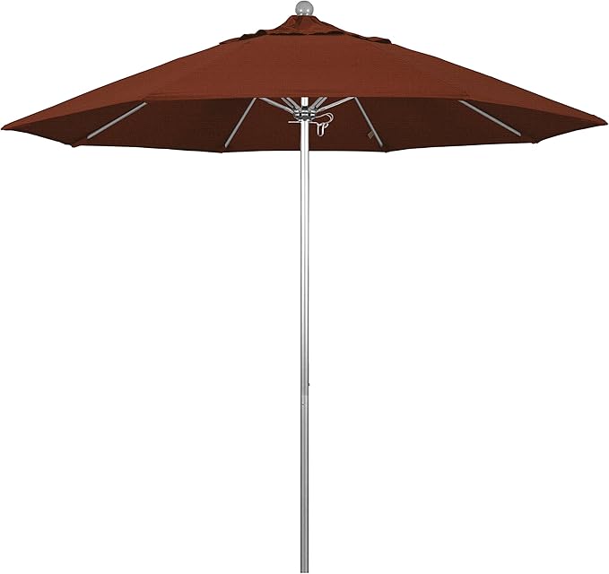 California Umbrella 9' Round Aluminum/Fiberglass Umbrella, Push Open, Silver Pole, Olefin Terracotta Fabric
