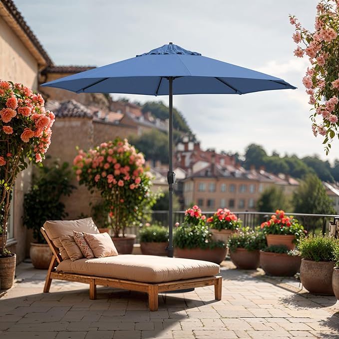 California Umbrella 8-Year Protection 9 Ft Outdoor Patio Umbrella, Solstice Fade-Resistant Fabric, Auto-Tilt, Heavy Duty Aluminum Frame, 8 Reinforced Ribs for Pool or Deck, Bronze Pole, Frost Blue