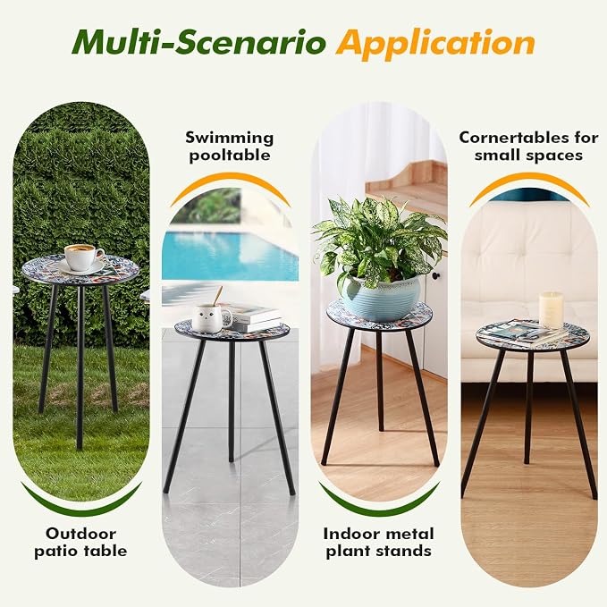 1 Pack Metal Outdoor Side Table Small Outside Round End Table for Patio Modern Accent Garden Corner Table for Small Spaces, Balcony, Porch, Weather-Resistant, Plant Stand Indoor, Mixed Mosaic