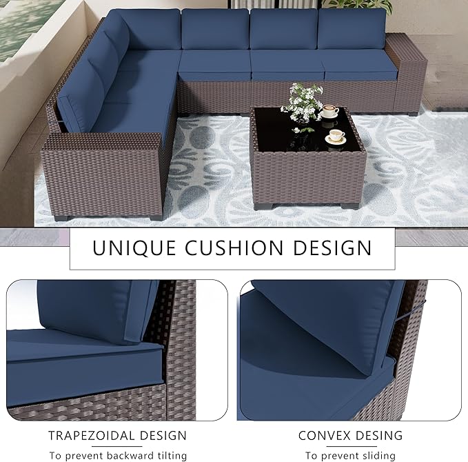 Patio Furniture Set Sofa 7-pcs Wicker Sectional Sofa Set,Outdoor Furniture Rattan Patio Conversation Sets with Seat Cushions and Tempered Glass Coffee Table