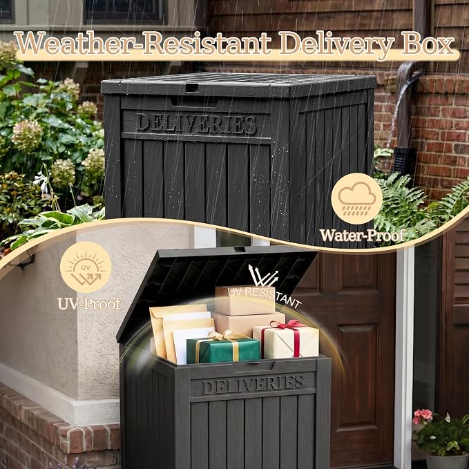 Outdoor Storage Box, 70 Gallon Package Delivery Boxes for Outside, with Lockable Secure, Deck Box Outdoor Waterproof for Entryway, Front Porch, Backyard, Garden, Patio, Lawn, Black