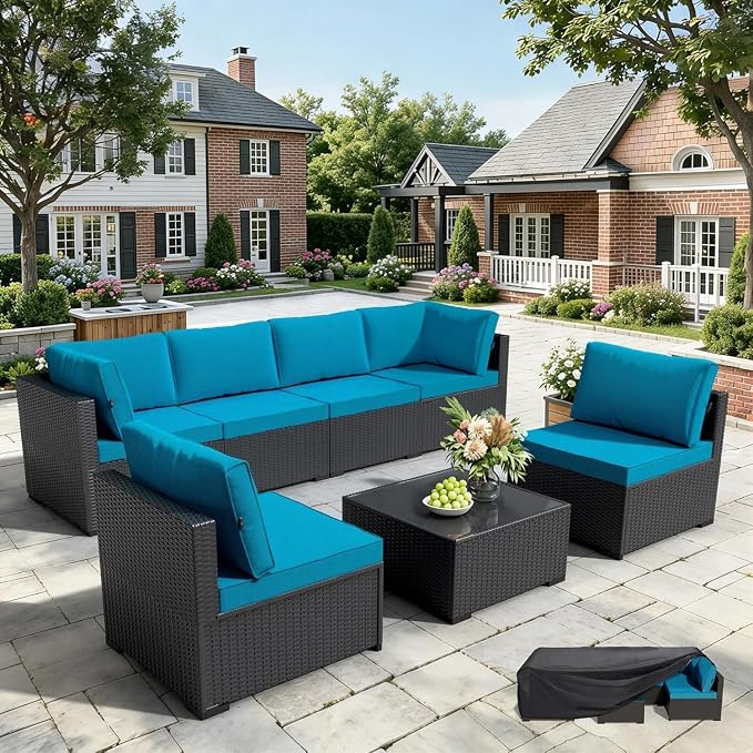 7 Piece Modular Sectional Sofa Peacock Blue Outdoor Patio Furniture Set All Weather Wicker Rattan Patio Conversation Sets for Backyard Garden Poolside Balcony Porch Patio