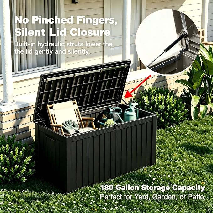 180 Gallon Outdoor Storage Box Waterproof, Large Resin Deck Box with Lockable Lid & Soft-Close Hydraulic Struts, Outside Storage Box for Patio Furniture, Garden Tools, Pool Accessories, Black