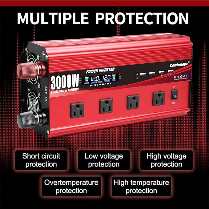 Cantonape 3000W Power Inverter 12V to 110V/120V DC to AC with LCD Display, Remote Controller 4 x AC Outlets and 4 x 3.1A USB Car Adapter for Car Truck Boat RV Solar System