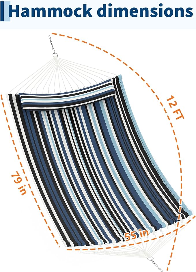 Garvee 2 Person Outdoor Hammock with Stand, Cotton Rope Hammock with Polyester Pad, Arc-Shaped Adjustable Steel Frame, 2-in-1 Hammock for Patio, Backyard, Garden, Beach （Dark and Light Blue Stripes）