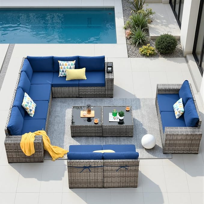 12 Pieces Patio Furniture Set, Wicker Outdoor Sectional Sofa with Coffee Table Comfy Cushions, Modern Modular Deep Seat Rattan Couch Conversation Set for Backyard Porch Yard,Navy Blue