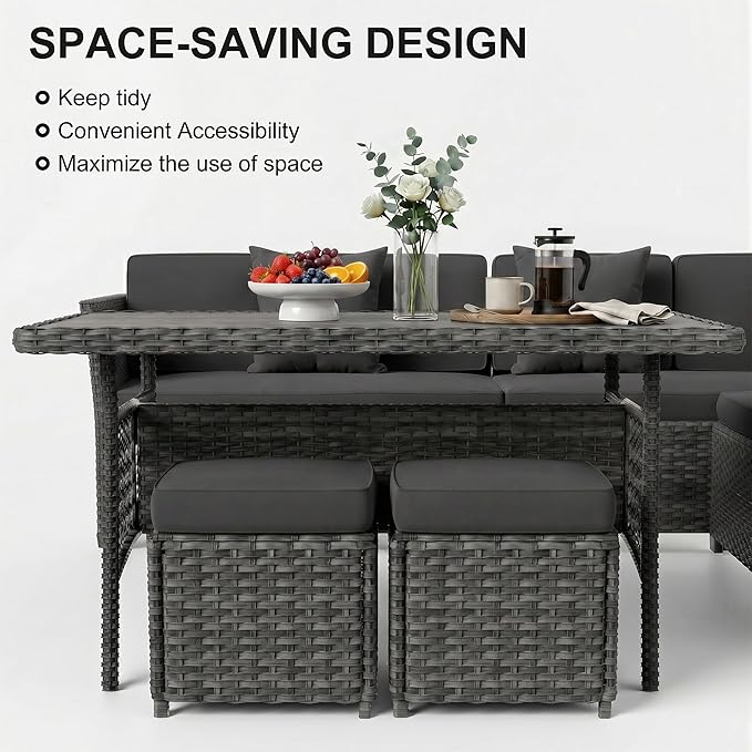 LOUVIXA 7 Pieces Patio Furniture Set, Outdoor Patio Furniture, Wicker Conversation Set with Dining Table, Chairs and Ottoman (6227 Grey-Grey)