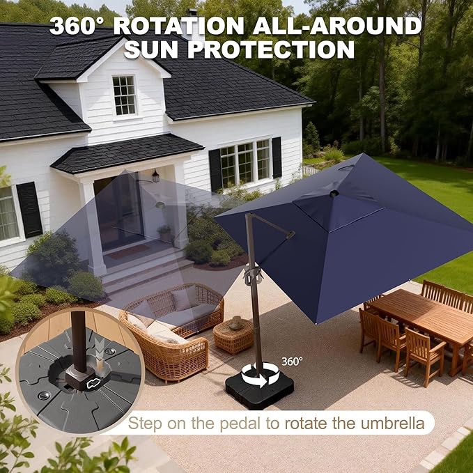 9' X 12' Cantilever Patio Umbrella Rectangle Outdoor Umbrella with Base Included, 6-Level Tilt & 360° Rotation Offset Umbrella for Garden, Deck, Pool (Navy Blue)