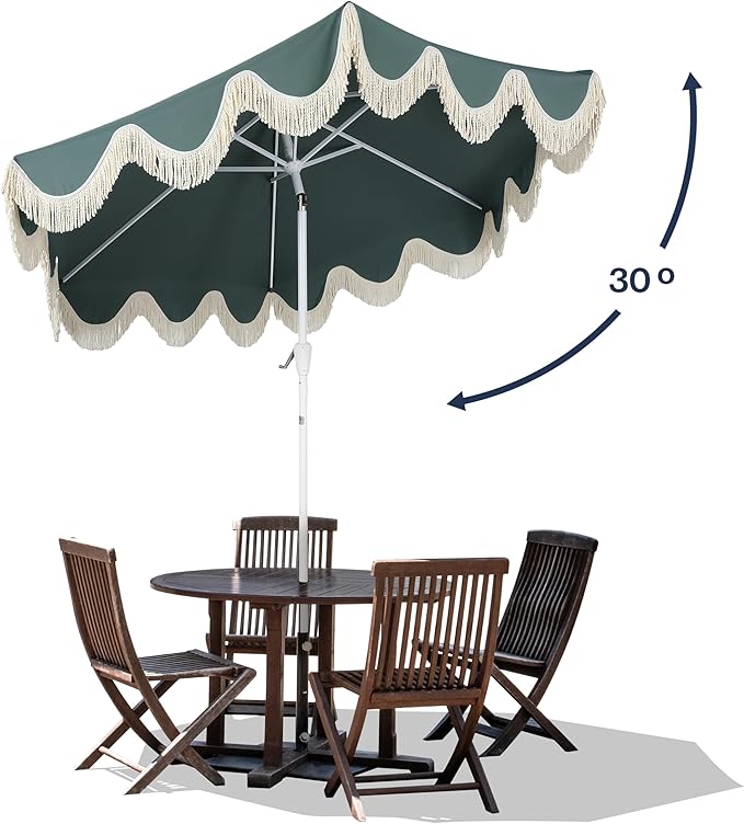 JONATHAN Y UMB1001 Collins 9 ft. Classic Cottage Tassel Market Patio Umbrella with Auto-Tilt, Crank, Wind Vent and UV Protection