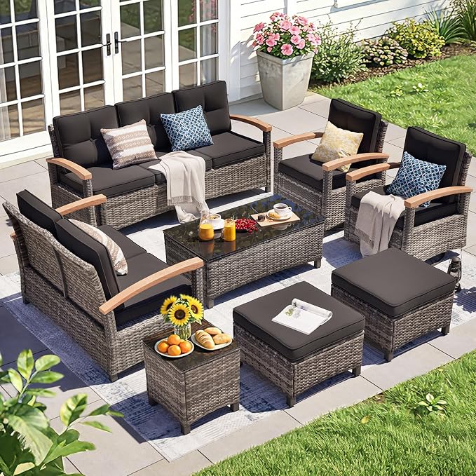 MEISSALIVVE 8 Pieces Patio Furniture Sets,Wicker Patio Conversation Sets with 2 Wood Armrests Swivel Glide Chairs, Outdoor Couch, Loveseat for Deck Yard and Poolside (Black)