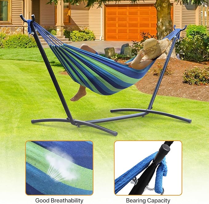9FT Hammock Portable Hammock Stand 2 Person Heavy Duty Hammock Stand with Portable Carrying Case, Adjustable 6 Optional Hook Positions, for Outdoors & Indoors(Blue)