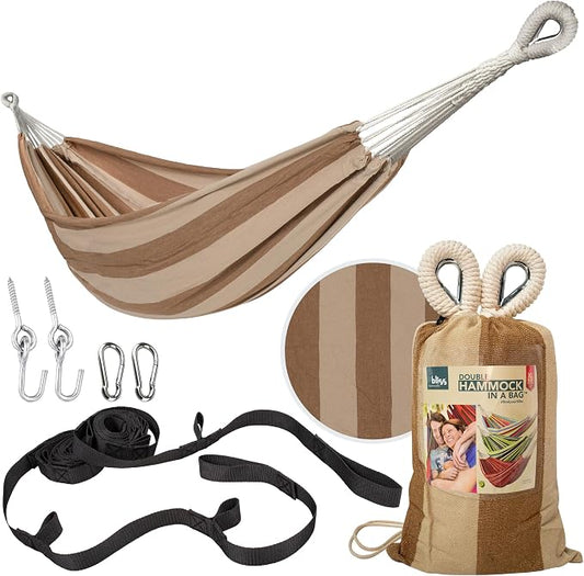 Bliss Hammocks BH-401-CP Double Hammock in a Bag, for Camping, Hiking and Outdoors, Portable, Durable, Eco-Friendly Hand-Woven Cotton and Polyester, Supports up to 265-Pounds, Cappuccino Stripe