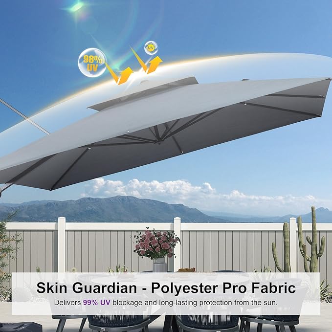 PURPLE LEAF 12 FT Cantilever Umbrella Outdoor Patio Umbrella, Large Offset Square Umbrella, Windproof Heavy Duty Hanging Outside for Patio, Mist Grey