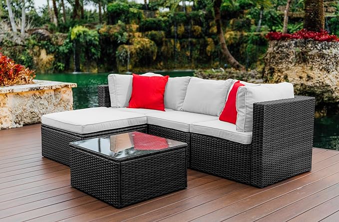 Nestl Outdoor Sectional Patio Furniture Set – 5 Piece Outdoor Patio Furniture Set with Outdoor Couch and Sectional Seating - Black with Off White Cushions, Standard