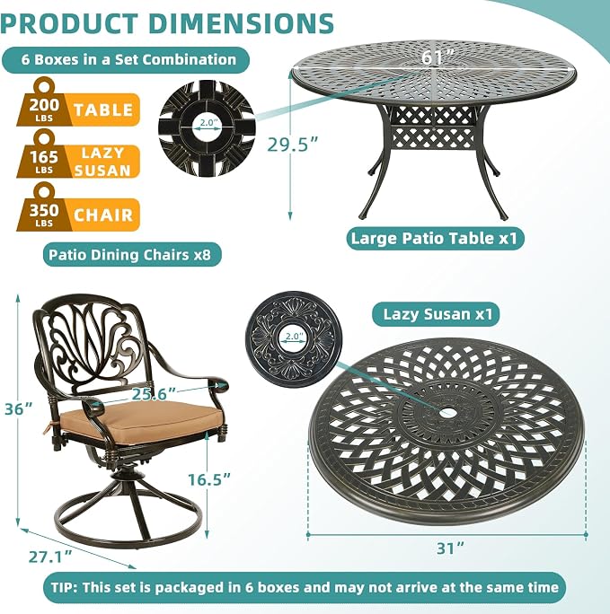 MEETWARM Outdoor 9-Piece Patio Dining Set, All-Weather Cast Aluminum Patio Conversation Set- 8 Cushioned Swivel Rocker, 61" Round Patio Dining Table w/Detachable Lazy Susan/Umbrella Hole, Dark Bronze