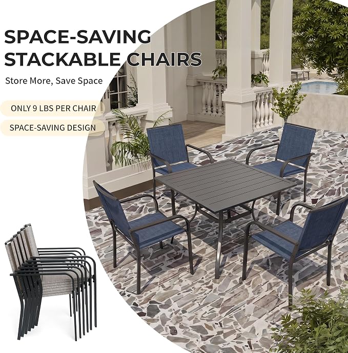 Anmutig 5 Pieces Patio Dining Set, Outdoor Furniture Set Includes 1 Square Patio Table and 4 Stackable Patio Chairs, Outdoor Table and Navy Chairs for Garden Backyard Deck