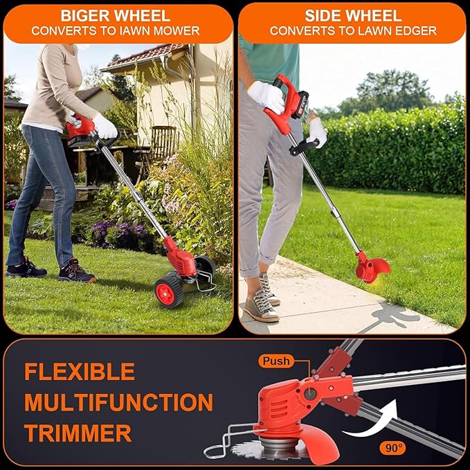 Electric Weed Wacker Cordless, 21V Lightweight Weed Wacker Battery Powered Brush Cutter, 3-in-1 Grass Trimmer/StringlessWeed Trimmer/Edger with Wheels&3Types Blades for Lawn, Garden & Yard