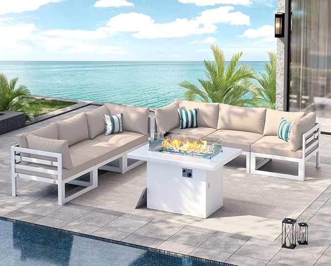 NICESOUL 7 Piece Extra Large Modern Aluminum Outdoor Sofa with Fire Pit Table, 29" Deep Wide Seating, 500 lbs Durable Sectional Set, All-Weather L Shaped Patio Furniture Set for Exterior Garden, Beige