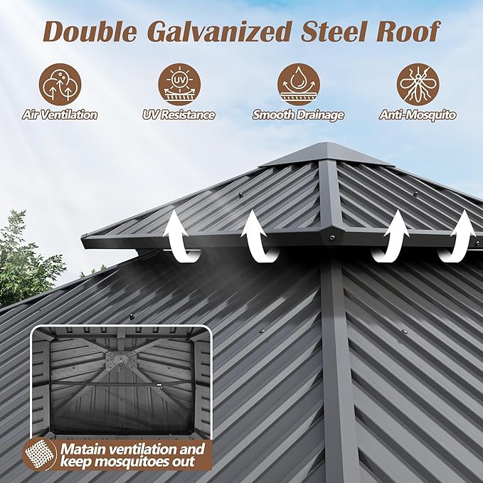 12' x12' Wood Gazebo, Outdoor Hardtop Gazebo with Wood Posts and Galvanized Steel Doule Roof, Wooden Frame Gazebos with Netting and Curtains for Patio Backyard Deck Garden