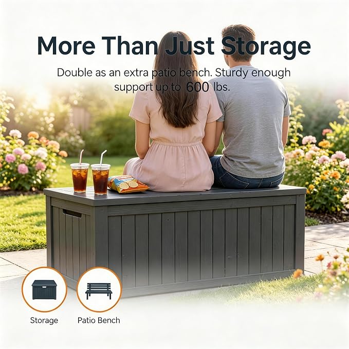 MAKINO 149 Gallon Resin Outdoor Storage Box, Waterproof Deck Box with Lockable Lid, Outside Storage Box for Patio Furniture, Pool Accessories, Garden Tools, Storage Bench for Backyard, Porch, Black