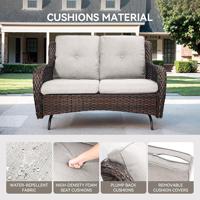 Patio Loveseat Wicker Loveseat Rattan Glider Sofa with Curved Armrest Thicking Back & Seat Cushions for Garden Balcony Backyard Brown Wicker|Beige Cushions (A) Patio Loveseat Glider