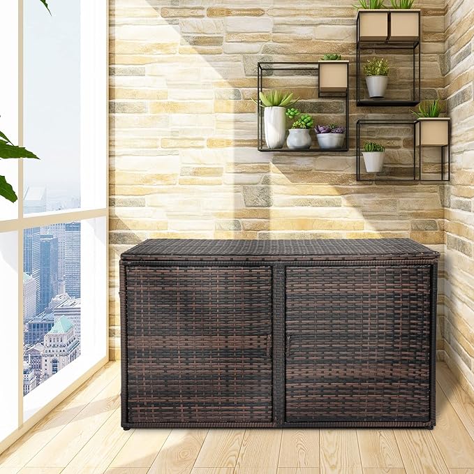 Henf Outdoor Wicker Storage Box Patio Rattan Deck Box with Double Doors & Shelf, All Weather Patio Furniture Storage Organizer for Storing Tools, Accessories and Toys (Brown)