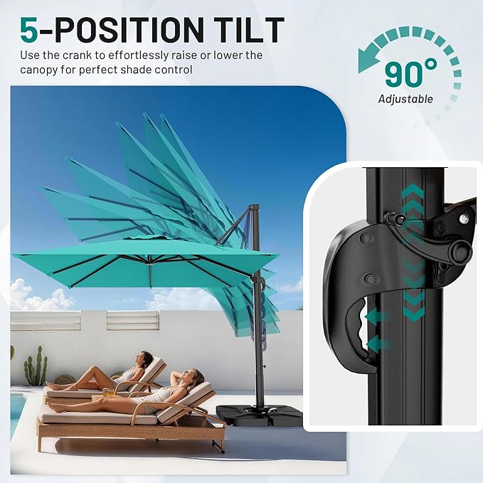 AreShark 9 × 9FT Square Cantilever Patio Umbrella with Base Included, 360° Rotation Offset Outdoor Umbrella, 5 Tilt Settings Heavy Duty Hanging Parasol for Deck Garden Pool, Peacock Blue