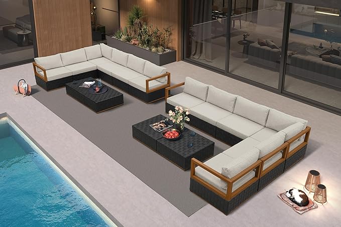 PURPLE LEAF Patio Outdoor Furniture Set 16 Pieces, Premium Leather Outdoor Couch Sectional Sofa, L-Shaped Patio Conversation Sets with Olefin Cushions, Patio Couch for Porch, Balcony, Garden, Black