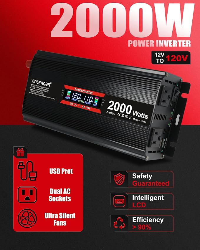 2000 watt Inverter 12V to 110V/120V, dc to ac Inverter 2000W with Intelligent LCD Display Dual AC Outlets Dual USB Charging Port for RV Truck Laptop (Black)