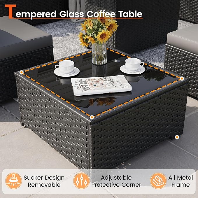 8 Piece Patio Furniture Set with 43" Fire Pit Table, Outdoor Sectional Wicker Rattan Sofa Set with Coffee Table (Grey/Black)