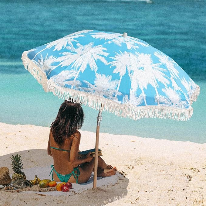 6.5Ft Boho Beach Umbrella with Fringe, Tassel Umbrellas with Tilting Wood Pole & Carrying Bag, UPF 50+ for Beach