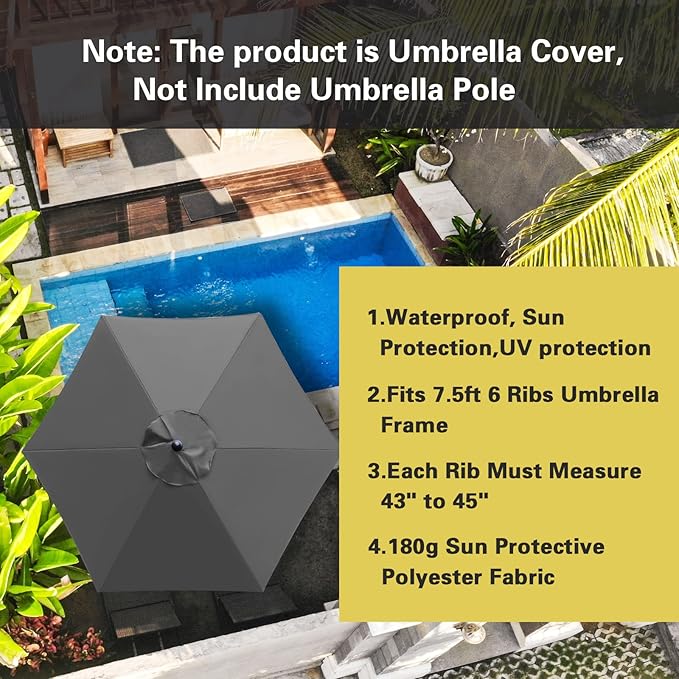 Sunnyglade 7.5ft Patio Umbrella Replacement Canopy Market Umbrella Top Outdoor Umbrella Canopy with 6 Ribs