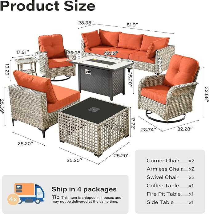 9 Pieces Outdoor Sectional Patio Furniture Set with 42" Fire Pit,Conversation Sets Rattan Wicker L Shaped Couch Swivel Rocking Chairs,Modular Outdoor Sofa for Porch Balcony Backyard Orange