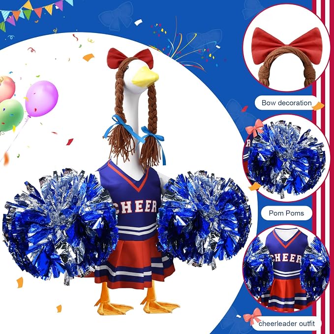 Cheerleader Porch Goose Outfits, Red Blue Goose Outfits for 23 Inch Porch Goose, Funny Goose Clothes with Pom Poms, Festive Porch Goose Decor for Sports Season and Game Day