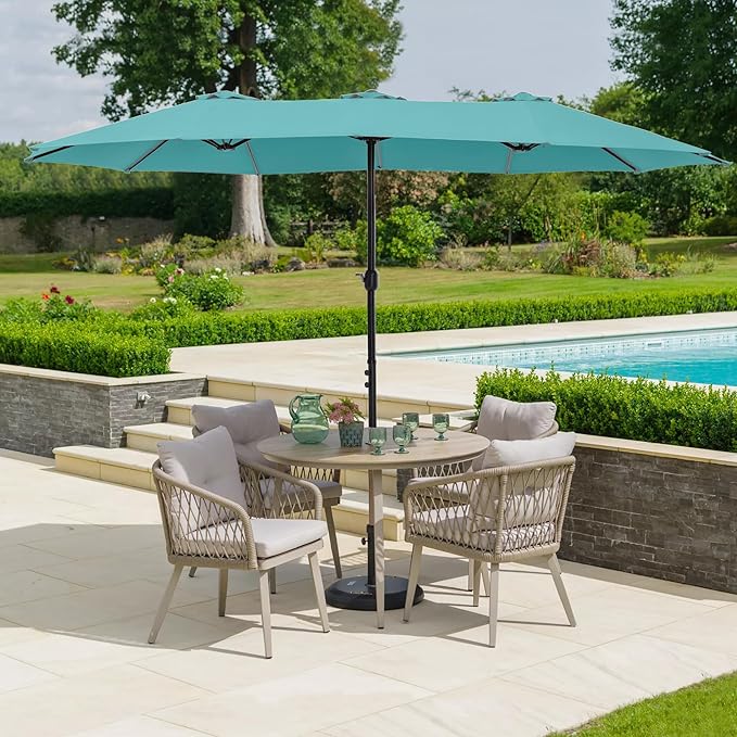 HERA'S PALACE Umbrella Patio Outdoor with Base 15ft Rectangle Table Double Market Umbrellas Clearance Large Included Stand for Deck Outside Pool Turquoise