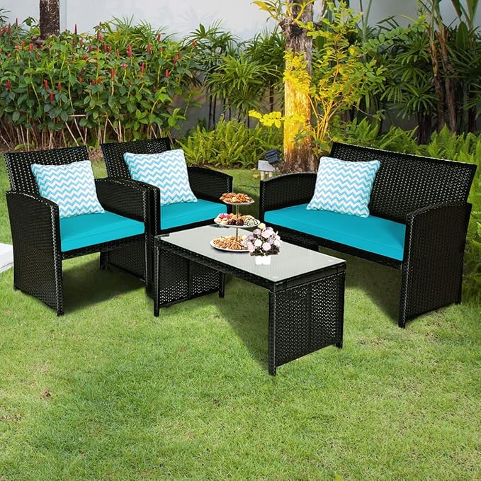 COSTWAY 4 Pieces Patio Rattan Furniture Set, Outdoor Wicker Conversation Set with Soft Cushions & Tempered Glass Coffee Table, Cushioned Chair Sofa for Backyard, Porch, Lawn, Garden, Turquoise