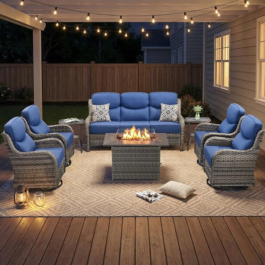 Luxury Swivel Rocker Chairs Fire Pit Set with 6" Thick Cushion 8 piece Wicker Outdoor Patio Chair with Sofa and Side Table,Comfortable High Back Outdoor Patio Furniture Set - Gery | Blue