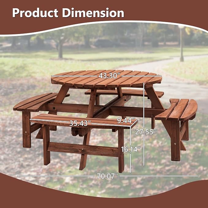 Outdoor Picnic Table for 8 Person, Wooden Picnic Tables with 4 Built-in Benches and Umbrella Hole Outside Table and Bench Set Round Picnic Table for Garden, Backyard, Porch,Patio （Natural