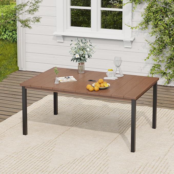 VICLLAX Patio Dining Set, 63" Walnut Table & 6 Chairs with Grey Cushion | Outdoor Table and Chairs Set of Rectangular Metal Patio Table, Outdoor Dining Chairs with Metal Frame, Garden Deck Porch