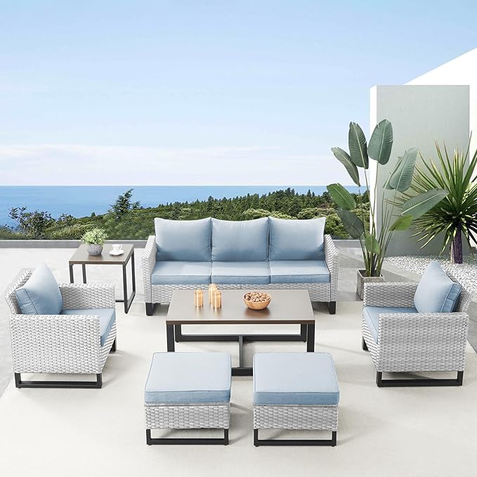 Belord 7 Piece Outdoor Furniture Patio Wicker Sofa Set, Oversize Outdoor Dining Chairs with Rattan Ottomans, Conversation Sets Patio Furniture Come with Removable Cushion Baby Blue, Light Grey