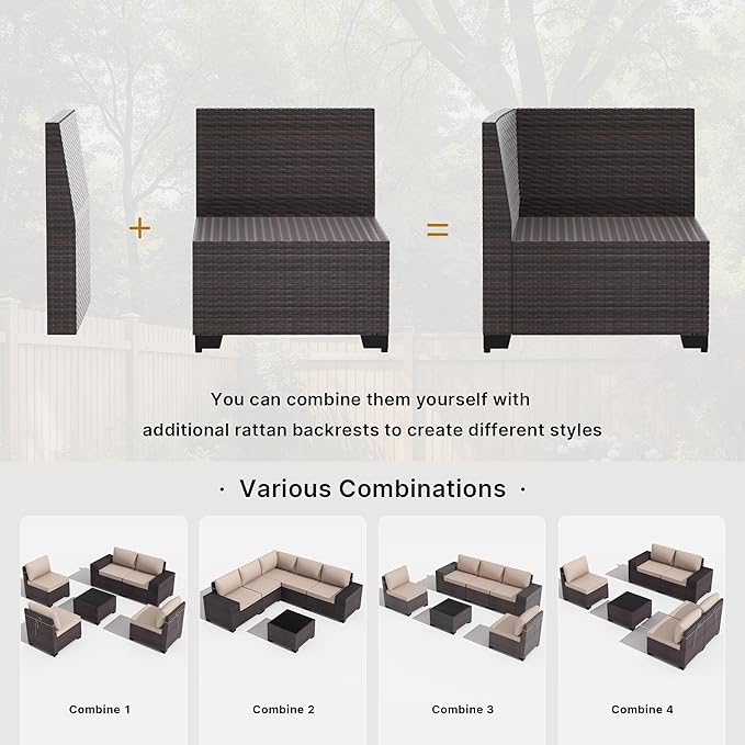 Gotland 6 Pieces Patio Furniture Set with 1 Coffee Table, 5 Seater Rattan Outdoor Sectional with Wide Armrests 29.5'' High Backrest Thick Waterproof Cushions, Conversation Sets for Deck Garden Khaki