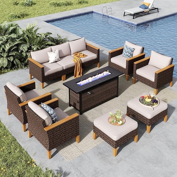 MFSTUDIO 9 Piece Wicker Patio Furniture Set with 56" Fire Pit Table, All-Weather PE Rattan Patio Sectional Sofa Conversation Set with 50000 BTU CSA Approved Fire Pit Table, Ottoman & Beige Cushion