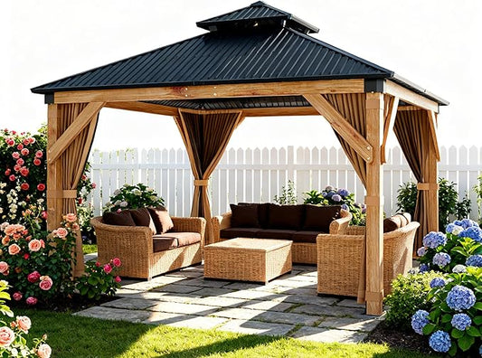 10x12 FT Hardtop Wooden Gazebo with Galvanized Steel Double Roof, Aluminum Frame, Mosquito Netting & Curtains – Durable Outdoor Pavilion for Patio, Backyard, Deck & Lawn