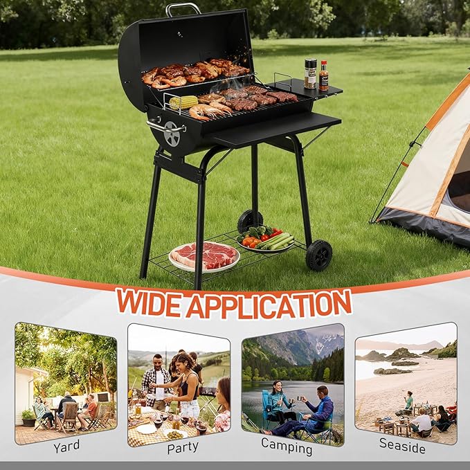 VINGLI Upgraded Barrel Charcoal Grill with Side Front Tables, Adjustable Charcoal Tray BBQ Grill Outdoor Smoker Grill with Wheels for Party Garden Patio and Backyard Cooking 39''D × 24''W × 46''H