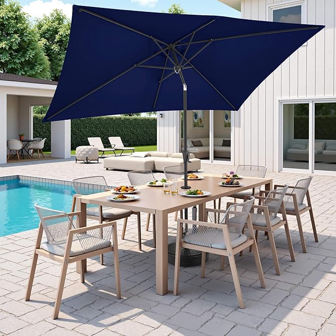 FLAME&SHADE 6.5 x 10 ft Rectangular Patio Umbrella with Push Button Tilt & Crank, Table Market Rectangle Rectangle Umbrella Outdoor for Yard, Pool, Garden, Porch(Navy Blue)