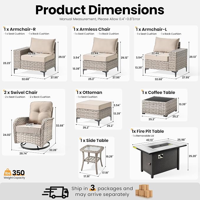 ovios 9-Piece Patio Furniture Set with L-Shape Sofa Chaise, Outdoor Sectional Couch Swivel Gliders Fire Pit Table, Modern Modular Wicker Rattan Conversation Set, Beige