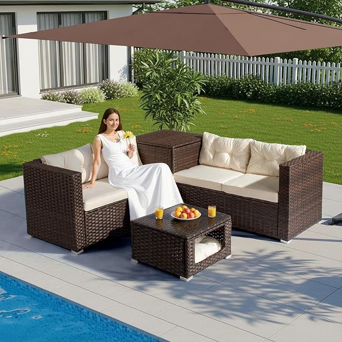 VINGLI 4 Pieces Outdoor Sectional Wicker Patio Furniture Set, Patio Sectional Sofa with Hidden Storage Outdoor Conversation Set, Glass Top Coffee Table for Backyard, Pool, Garden(Brown)