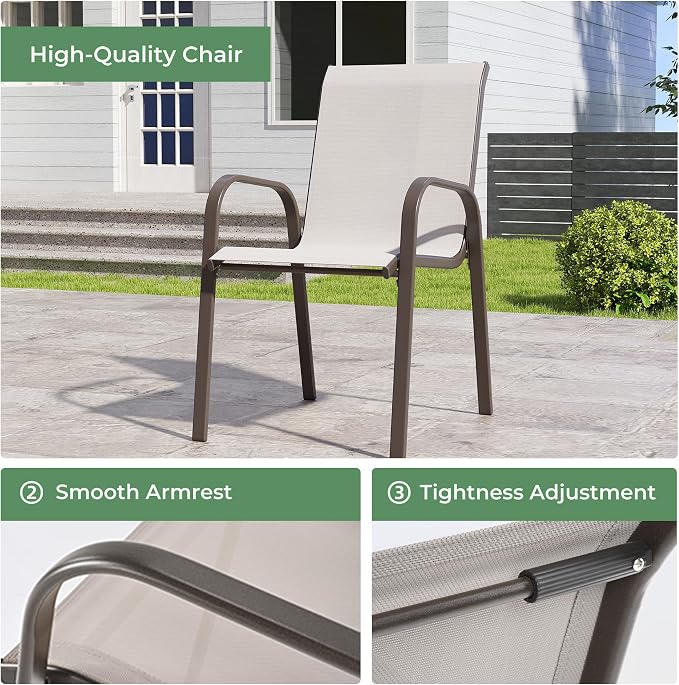 Outdoor Dining Set for 6, Patio Dining Set with Textilene Dining Chairs， Metal Dining Table with Umbrella Hole, Stackable Outdoor Chairs for Garden, Patio, Poolside and Backyard, Grey