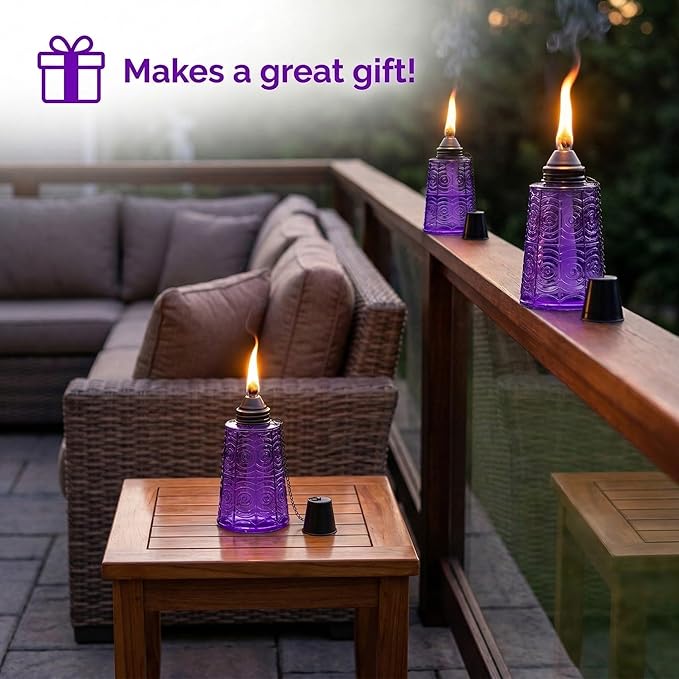 Seraphic Citronella Table Top Torches for Outdoor Patio, 16oz Decorative Glass Torch Citronella Candles for Outside Deck, Garden, Parties, Set of 3, Purple