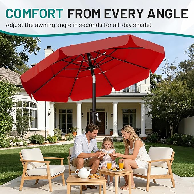 AreShark 9FT 3-Tiers Patio Umbrella with Valance, Outdoor Umbrellas with Crank/Tilt, Table Market Umbrella Vented w/ 8 Sturdy Ribs for Garden, Deck, Backyard, and Pool, Red